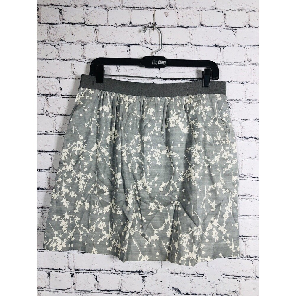 LOFT Women's A-Line Floral Skirt Grey Cream Grosgrain Waist With Side Pockets 10